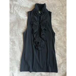 Vintage Ralph Lauren Rugby Black Ruffle Mock Neck Tank 100% Wool Button Up